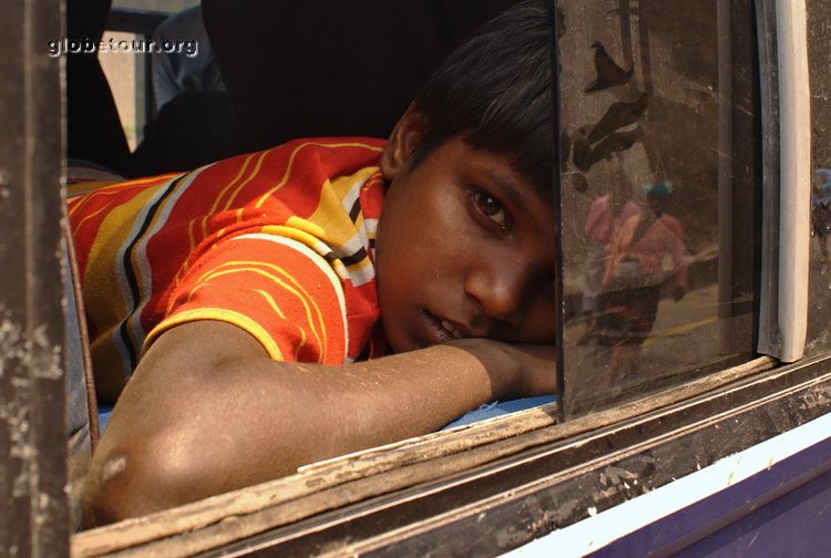 Nepal, boy waiting in bus