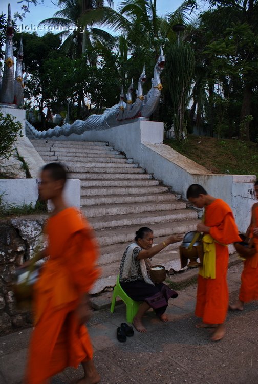 Laos, Chiang Mai, monks taking food in the morning