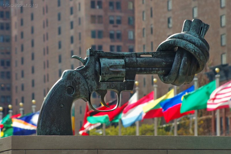 US, New York, Nonviolence gun sculpture at the UN